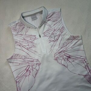Dunning Golf Womens Sleeveless Polo Shirt White Pink Dragonfly Wing Print Size M